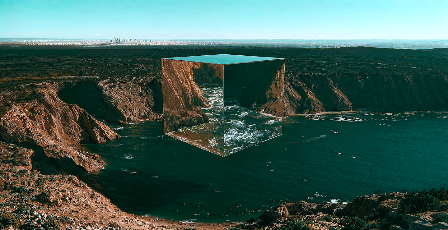 Aerial view of a mirrored cube resting in a canyon landscape