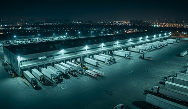 Freight terminal at night with trailers at dock doors