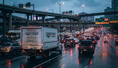 Freight trucks in heavy rain on a congested highway