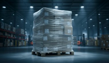 Shrink-wrapped and labelled pallet in a warehouse